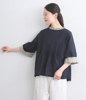 コットンリネン細ピンタックリバティ7分袖ブラウス(ネイビー-F)