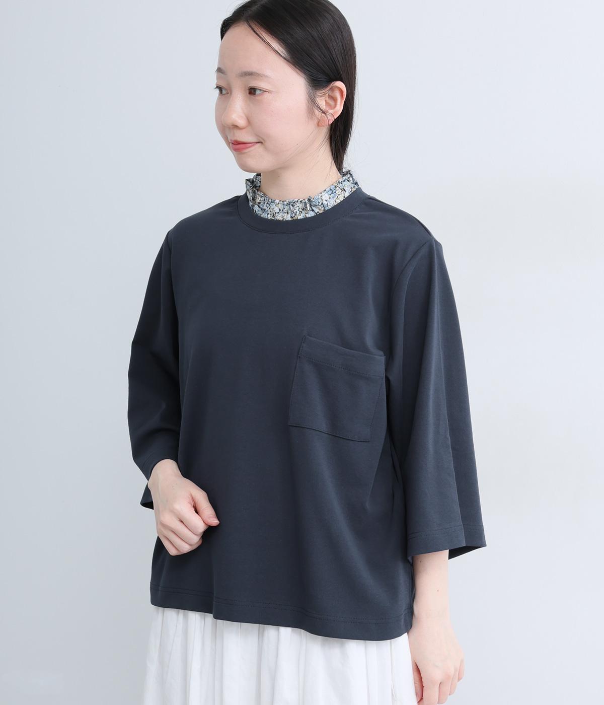 40Sフライス×リバティフリル襟6分袖Tシャツ(ネイビー-F)