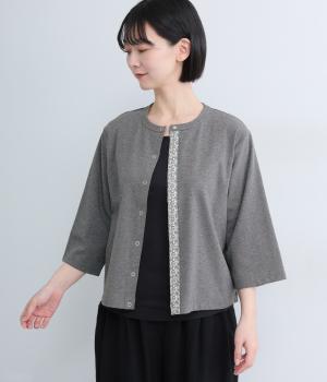 40Sフライス×リバティドッキングドット7分袖カーディガン(トップチャコール-F)