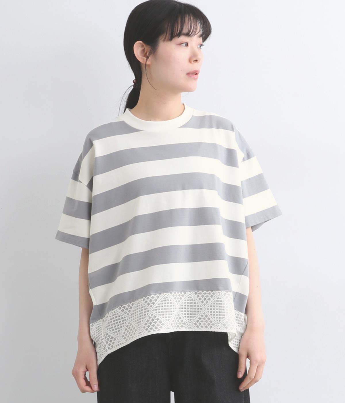 ボーダーレース切替ラウンドプルオーバー(オフホワイト×グレー-F)