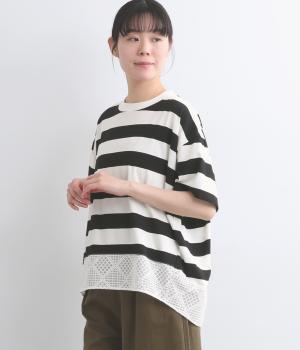 ボーダーレース切替ラウンドプルオーバー(オフホワイト×ブラック-F)