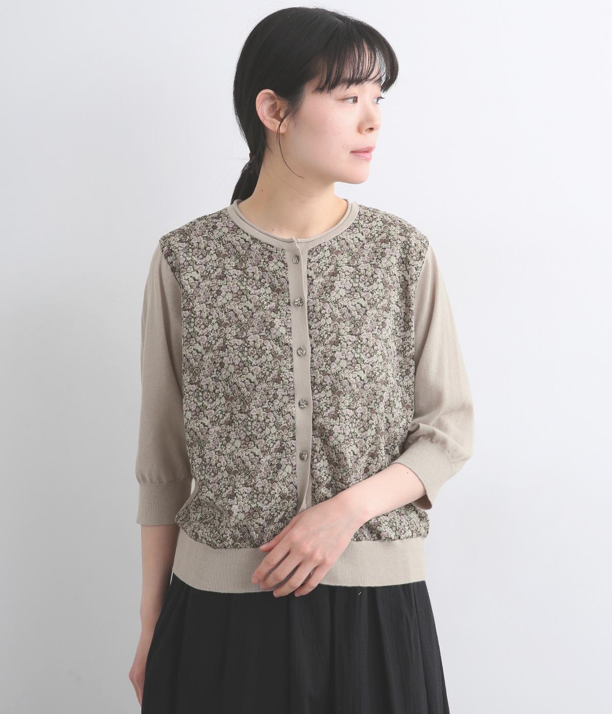 コットンリネン×リバティボイル前身頃6分袖カーディガン(グレー-F)