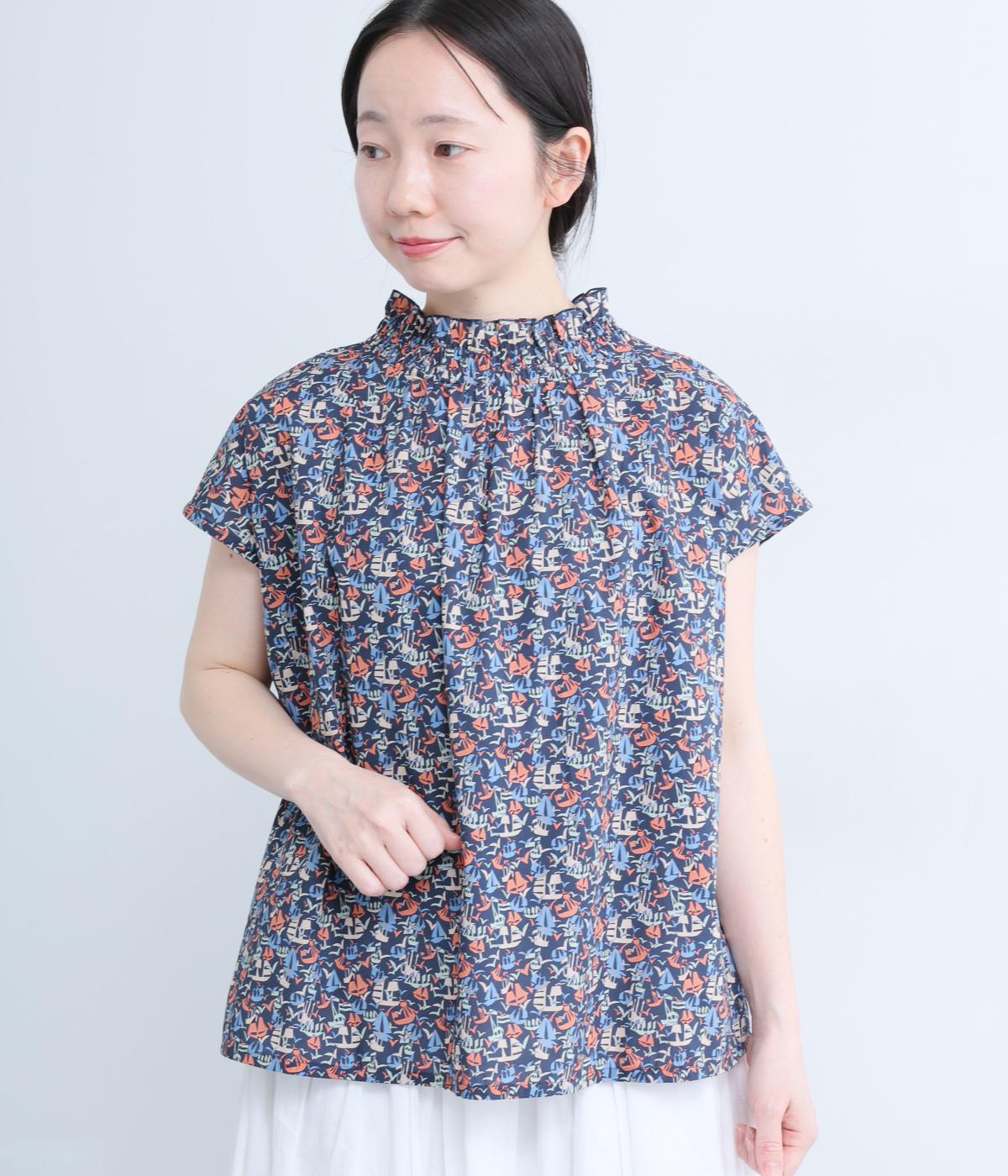 リバティタナローン2wayゴムシャーリングフレンチスリーブブラウス(ネイビー-F)