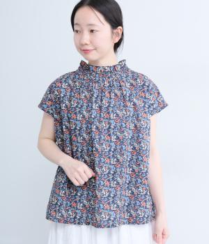 リバティタナローン2wayゴムシャーリングフレンチスリーブブラウス(ネイビー-F)