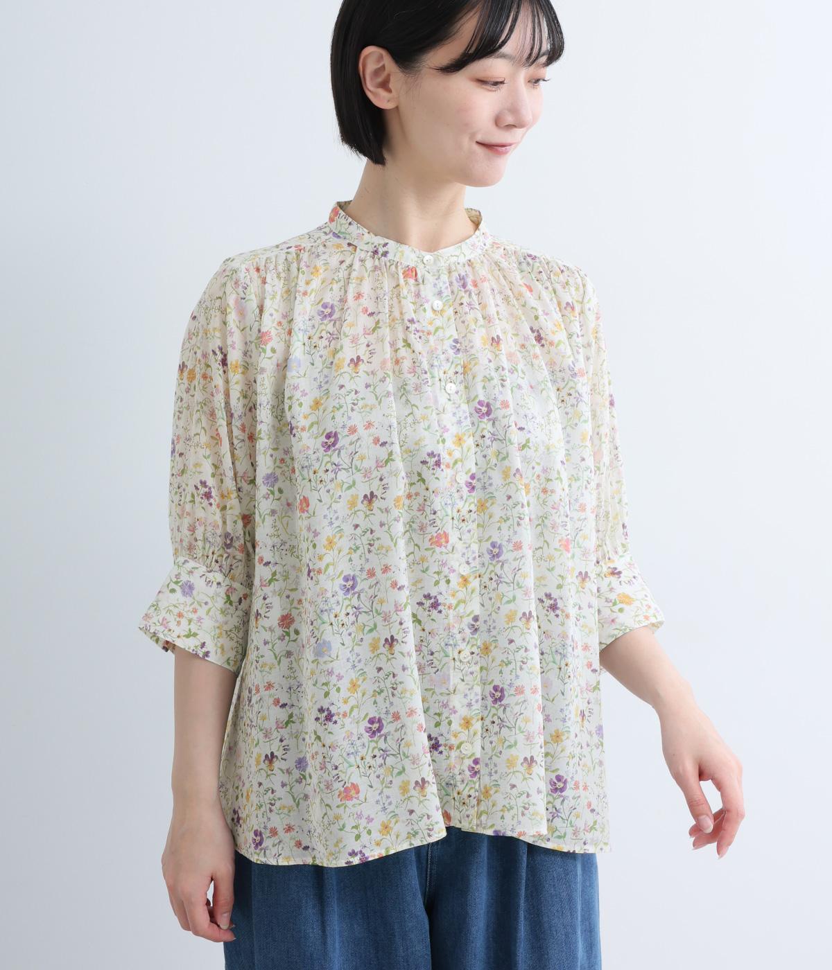 リバティシルフローンギャザー6分袖ブラウス(オフホワイト-F)