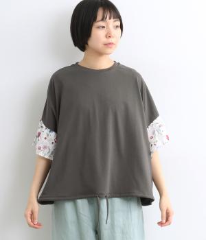 シルケット天竺ドロストLIBERTYギャザースリーブTシャツ(チャコール-F)