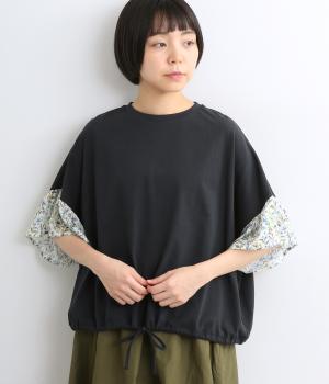 シルケット天竺ドロストLIBERTYギャザースリーブTシャツ(ネイビー-F)