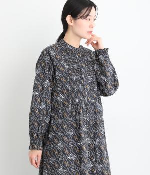 格子花柄ピンタックウエストドロストワンピース