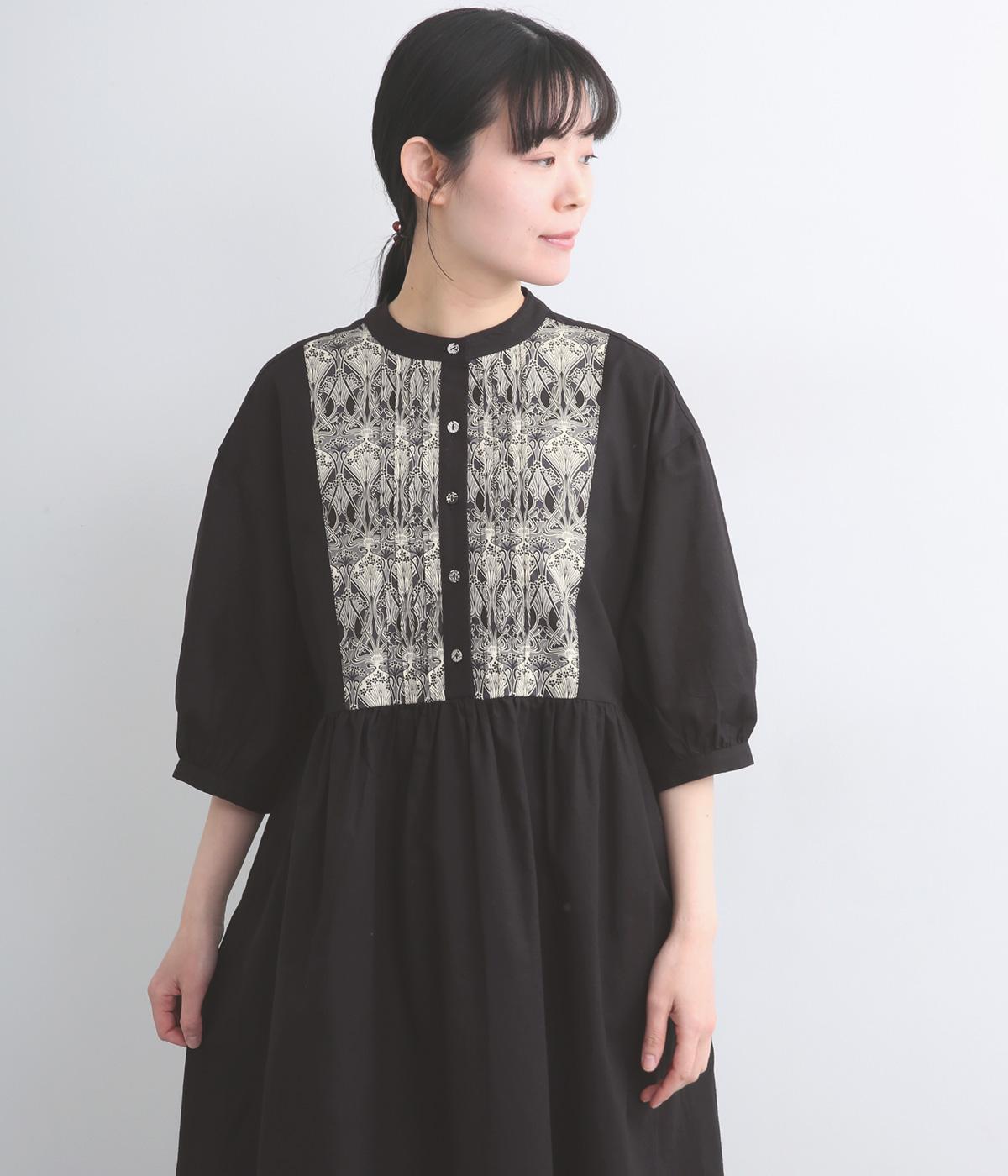 コットンリネンリバティビブヨーク7分袖ワンピース(ブラック-F)