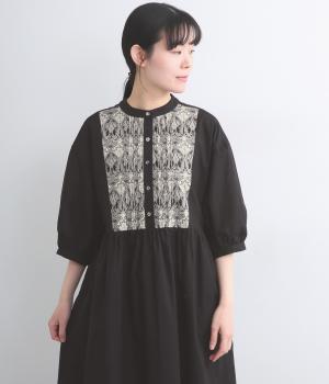 コットンリネンリバティビブヨーク7分袖ワンピース(ブラック-F)
