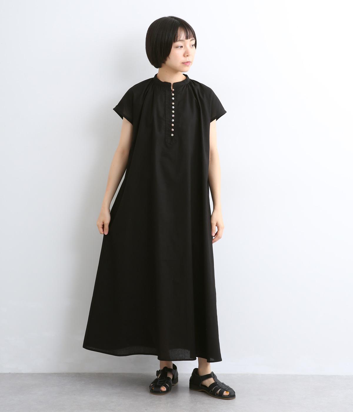 コットンリネン+LIBERTY　クルミ釦フレンチワンピース(ブラック-F)