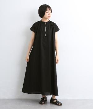 コットンリネン+LIBERTY　クルミ釦フレンチワンピース(ブラック-F)
