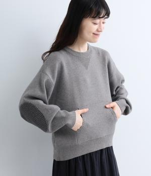 スウェットニット千鳥エルボーパッチ付きクループルオーバー（グレー・F）