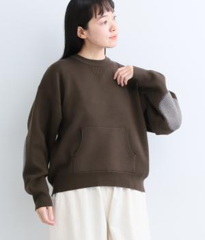 スウェットニット千鳥エルボーパッチ付きクループルオーバー（ブラウン・F）