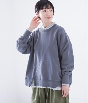 ピグメント裏毛斜め切り替えプルオーバー(ブルー-F)