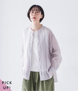 シアーリネンバンドカラーブラウス(ライトグレー-F)