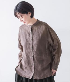 シアーリネンバンドカラーブラウス(ブラウン-F)