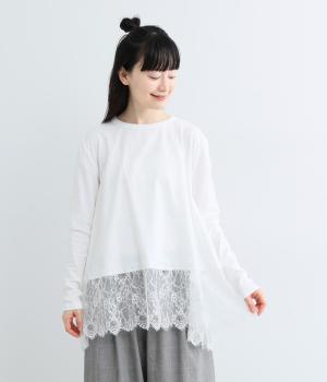裾レースロングスリーブフレアTシャツ(オフホワイト-F)