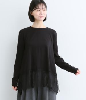 裾レースロングスリーブフレアTシャツ(ブラック-F)