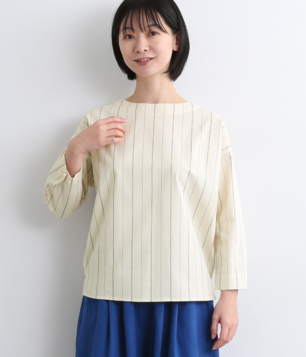 コットン生成ストライプボートNシャツ(ネイビーストライプ-ONESIZE)