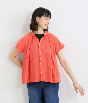 コットンオーガニックワイドストライプギャザープルオーバー(サンゴ-ONESIZE)