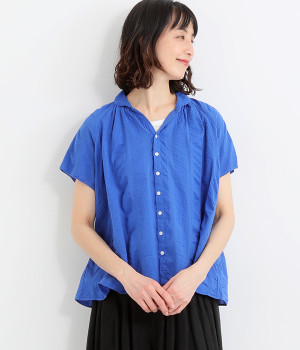 コットンオーガニックワイドストライプギャザープルオーバー(ブルー-ONESIZE)