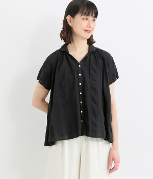 コットンオーガニックワイドストライプギャザープルオーバー(ブラック-ONESIZE)