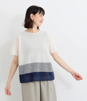 ツムギ半袖ボーダーニット(クリーム×ネイビー-ONESIZE)