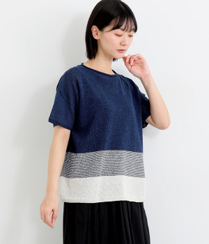 ツムギ半袖ボーダーニット(ネイビー×クリーム-ONESIZE)