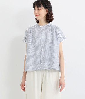 フレンチリネンブラウス(ネイビーストライプ-ONESIZE)