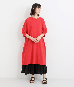 コットンヴィンテージスラブ6分袖ワンピース(レッド-ONESIZE)