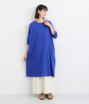 コットンヴィンテージスラブ6分袖ワンピース(ブルー-ONESIZE)