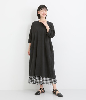 コットンヴィンテージスラブ6分袖ワンピース(ブラック-ONESIZE)