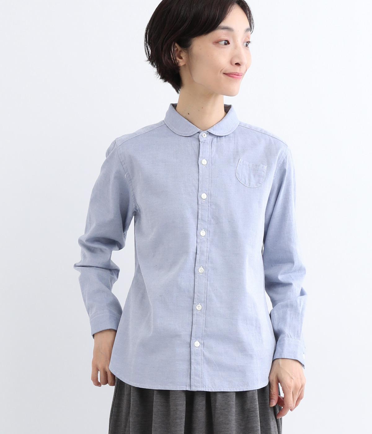 コットンピーチツイルミニ胸ポケットちび丸襟シャツ(トップブルー-F)