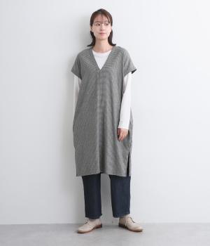 カシミヤ混ウールVネックチュニックワンピース(グレンチェック-F)