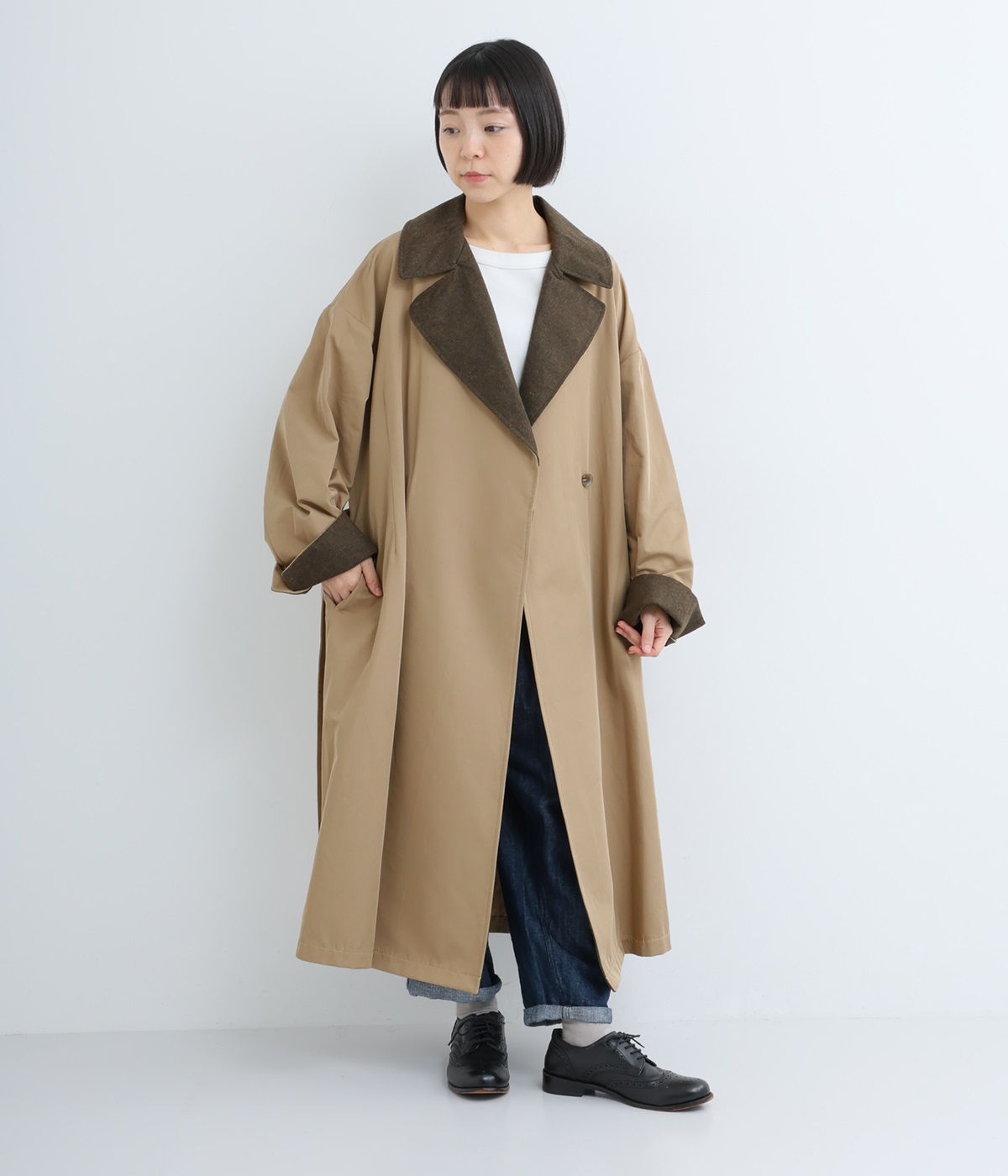 ワイドロングコート(ベージュ×ブラウン-ONESIZE)