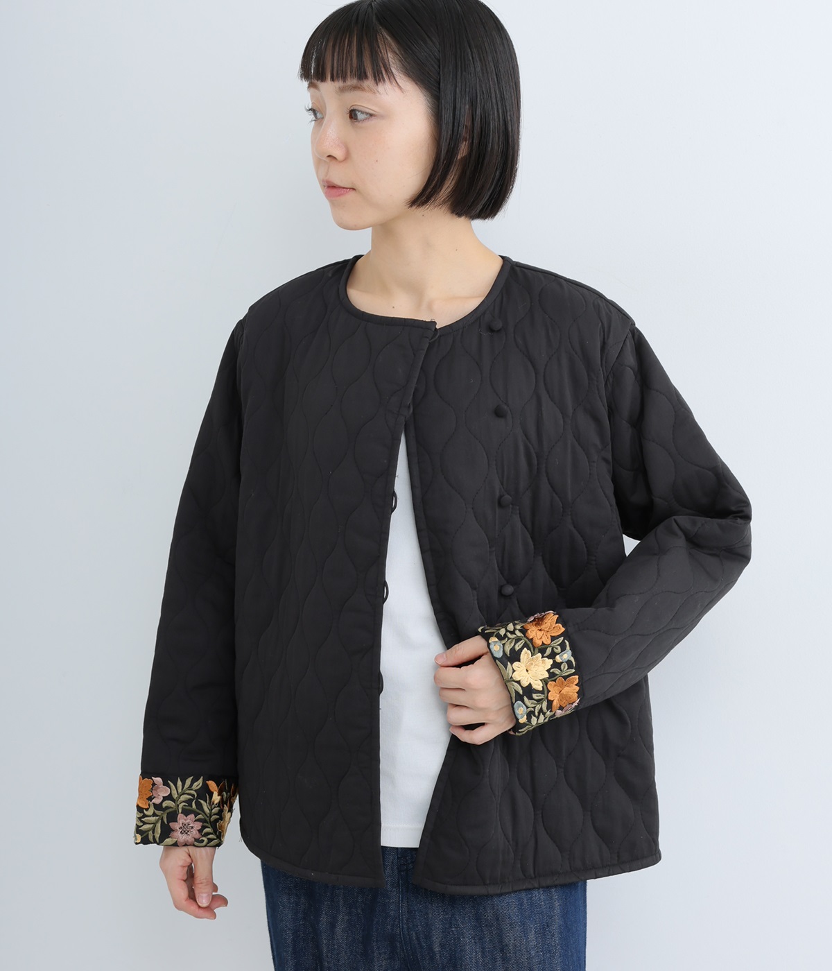 キルティングエンブロイダリーテープジャケット(ブラック-ONESIZE)
