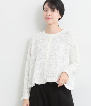 シアーパターンニッティングショートカーディガン(オフホワイト-ONESIZE)