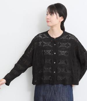 シアーパターンニッティングショートカーディガン(ブラック-ONESIZE)