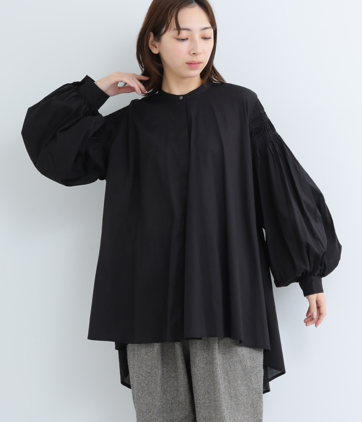 ピンタックパフスリーブシャツ(ブラック-ONESIZE)