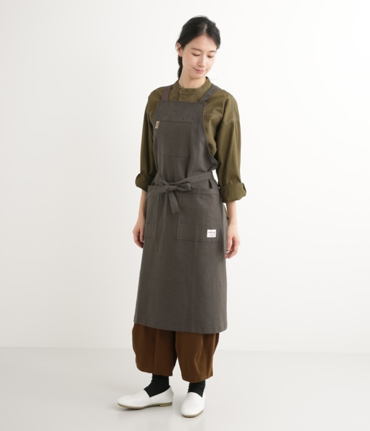 コットンリネンロングエプロン(チャコール-ONESIZE)