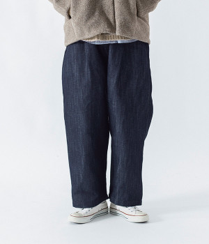 コットンリネンデニムワイドテーパードパンツ(ノンウォッシュ-ONESIZE)