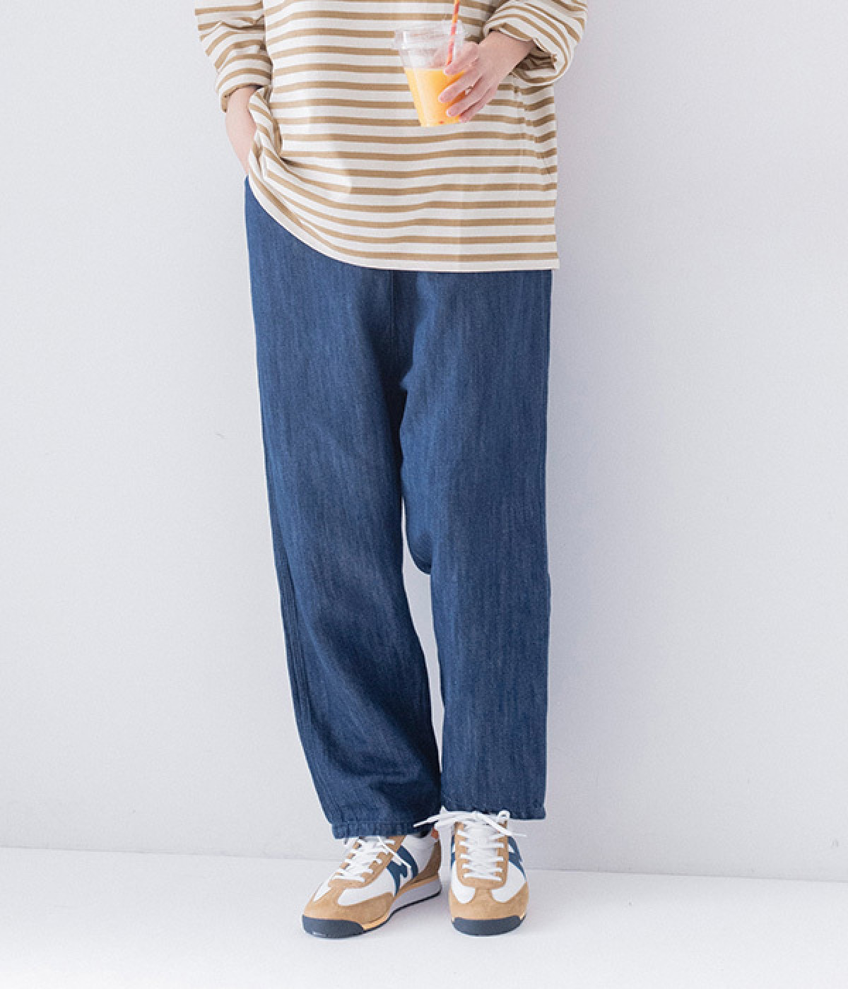 コットンリネンデニムテーパードパンツ(ブルー-1)