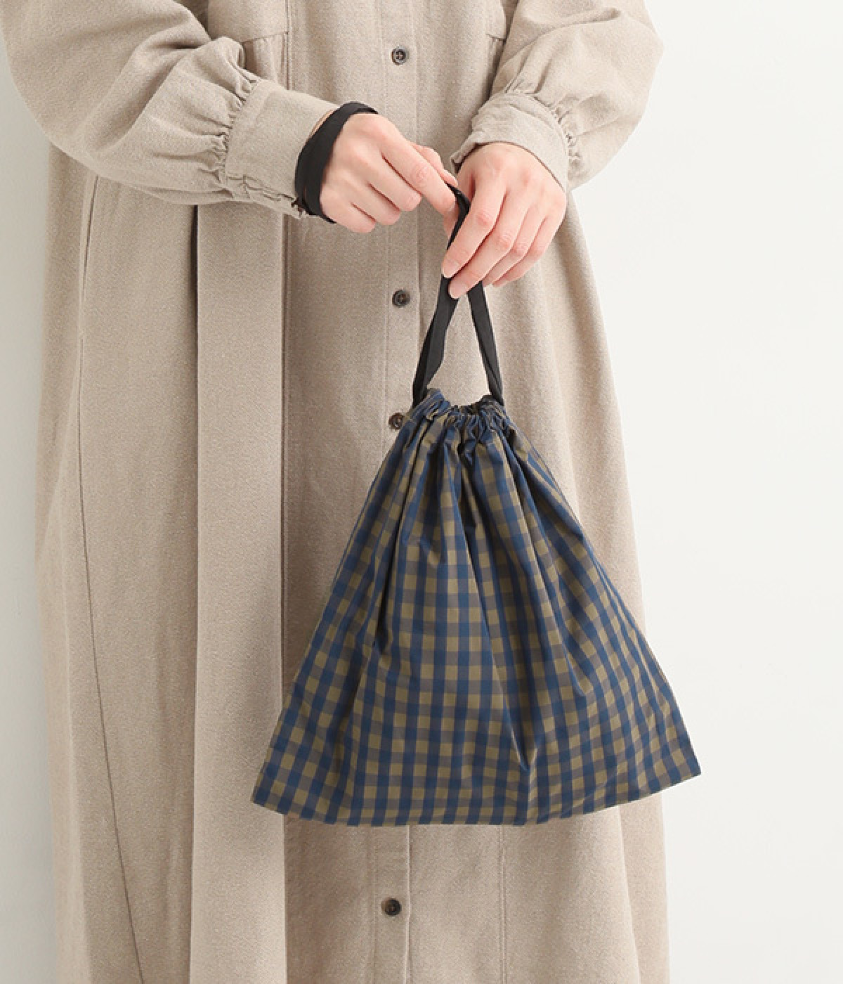 ギンガムチェック巾着バッグ(ブラウン×ネイビー-ONESIZE)