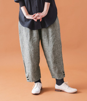 リネンチェック裾ボタンパンツ(グレンチェック-ONESIZE)