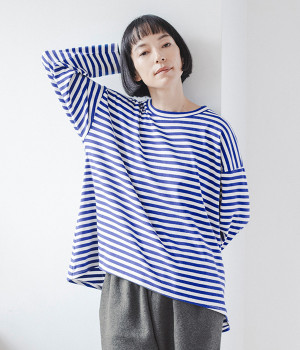 ボーダーフレアTシャツ(オフホワイト×ブルー-ONESIZE)