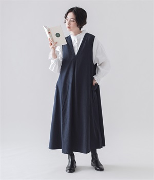 コットンリネンデニム ジャンパースカート(インディゴ-ONESIZE)