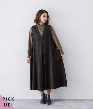 コットンリネンデニム ジャンパースカート(ブラック-ONESIZE)