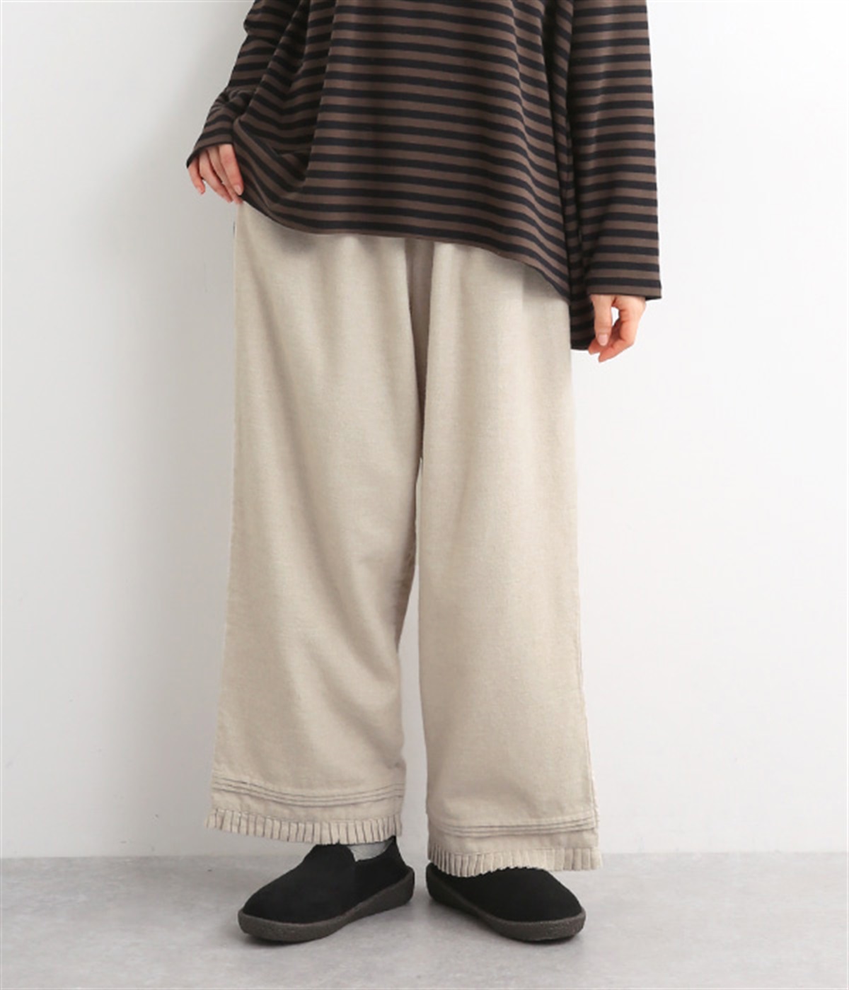 コットンウール起毛 裾プリーツパンツ(グレージュ-L)