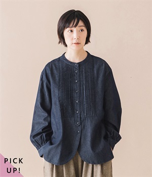 コットンテンセルデニム ピンタックブラウス(インディゴ-ONESIZE)